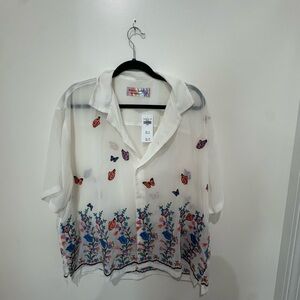 Abercrombie & Fitch Sheer White Blouse with Floral and Butterfly Design